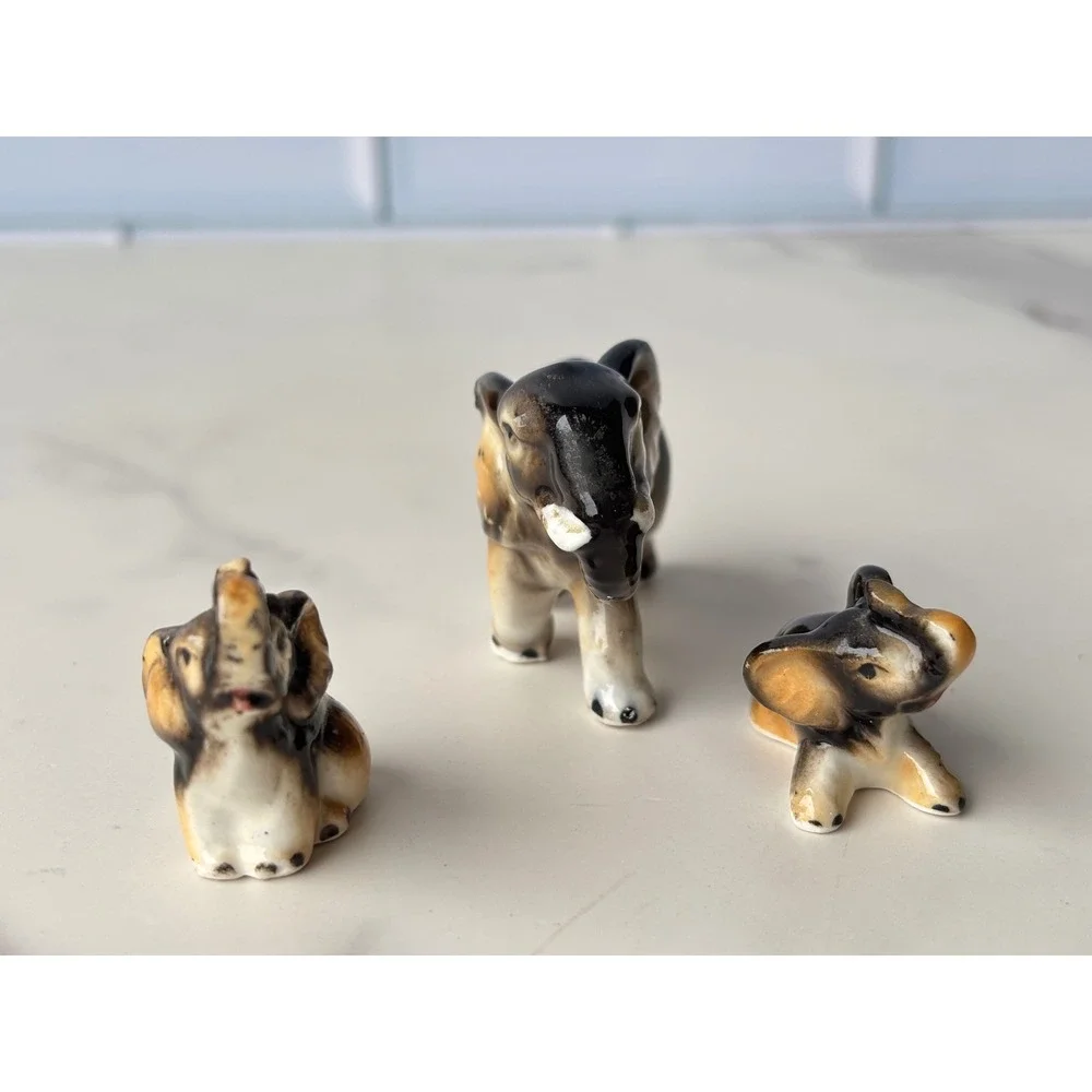 Vintage Miniature Bone China Elephant Family Figurines Set of 3 Brown Glazed
